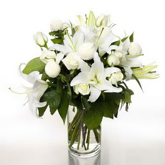  Şanlıurfa hediye sevgilime hediye çiçek  1 dal cazablanca 7 adet beyaz gül vazosu