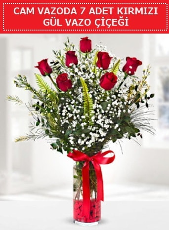 Cam vazoda 7 adet kırmızı gül çiçeği  Şanlıurfa hediye sevgilime hediye çiçek 